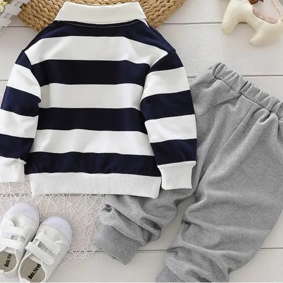 Pat Pat 2-piece Toddler Boy Stripe Polo shirt and Grey Pants Set | 3Y | NEW!! - Picture 3 of 12